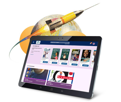 Tablet displaying Boundless interface with decorative rocket behind